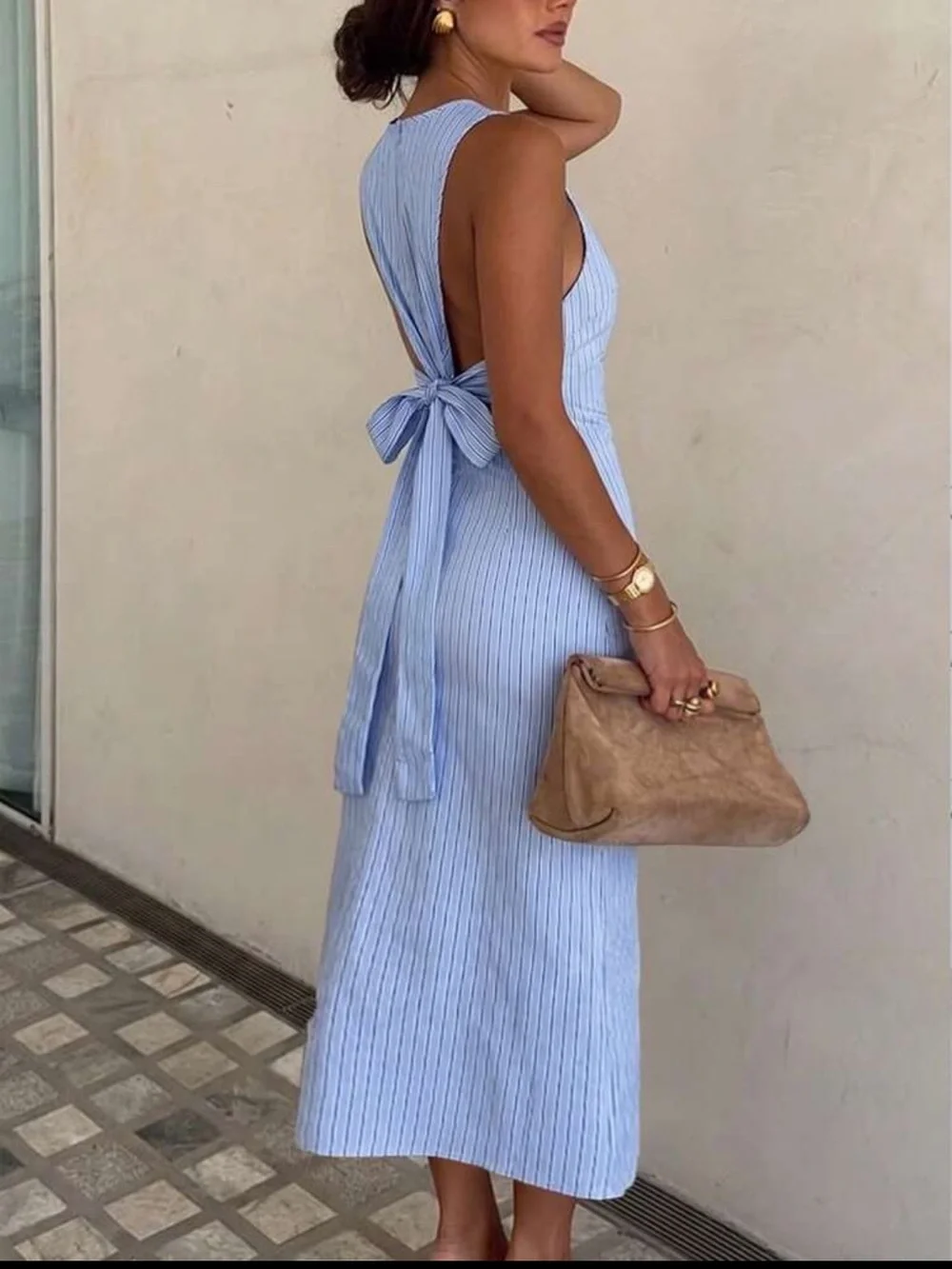 Sleeveless Light Blue Maxi Dress with Back Bow - Picture 3 of 3
